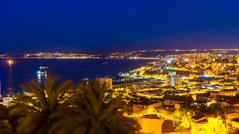 The skyline of Valparaiso at night Stock Footage 74170932