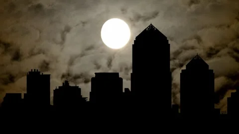 Skyline view of Albuquerque By Night with Dark Atmosphere, Fog, Smoke and Moon Stock Footage 287734705