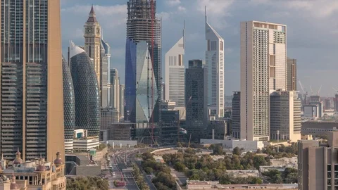 Skyline view of the buildings of Sheikh Zayed Road and DIFC timelapse in Dubai Stock Footage 110835312