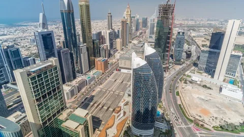 Skyline view of the buildings of Sheikh Zayed Road and DIFC aerial timelapse in Stock Footage 113747248