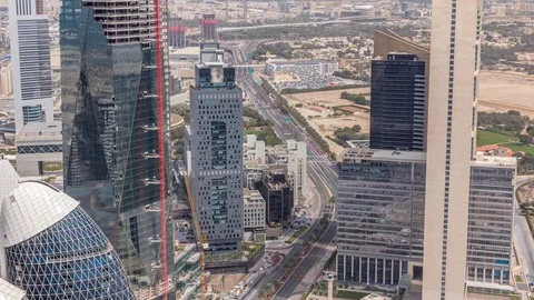 Skyline view of the buildings of Sheikh Zayed Road and DIFC aerial timelapse in Stock Footage 113767166