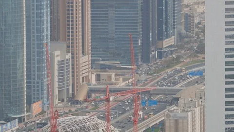 Skyline view of the buildings of Sheikh Zayed Road and DIFC aerial in Dubai, UAE Stock Footage 117016274