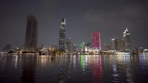 Skyline view at evening from the river of  Saigon  Ho Chi Minh city,Vietnam Stock Footage 115069339