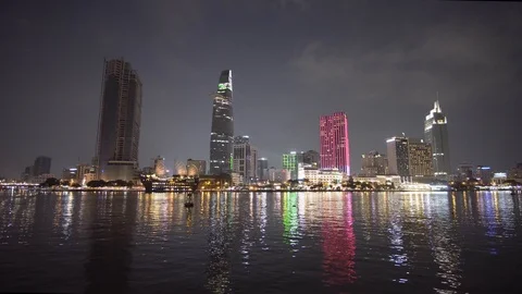 Skyline view at evening from the river of saigonn Ho Chi Minh city,Vietnam Stock Footage 115070543