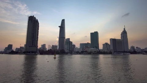 Skyline view at evening from the river of saigonn Ho Chi Minh city,Vietnam Video stock 115070615