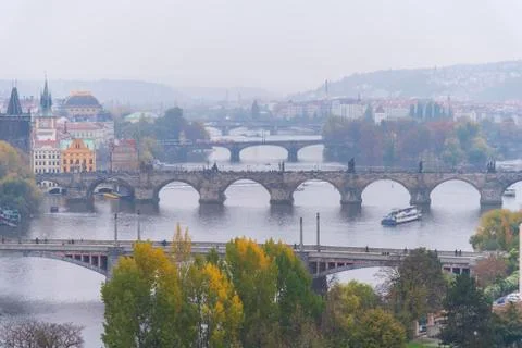 Skyline view with historic Charles Bridge or Karluv Most and Vltava river Stock Photos