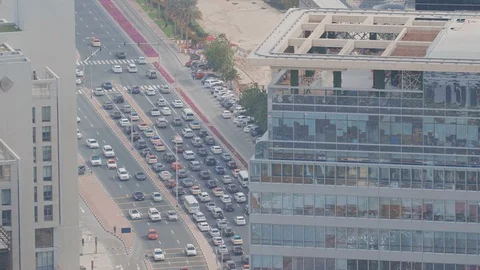 Skyline view of intersection traffic on Al Saada street near DIFC in Dubai, UAE. Stock Footage 117012139