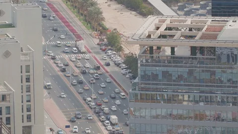 Skyline view of intersection traffic on Al Saada street near DIFC in Dubai, UAE. Stock Footage 117016523