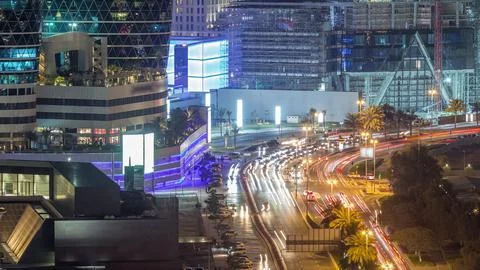 Skyline view of intersection traffic on Al Saada street near DIFC night tim.. Stock Photos