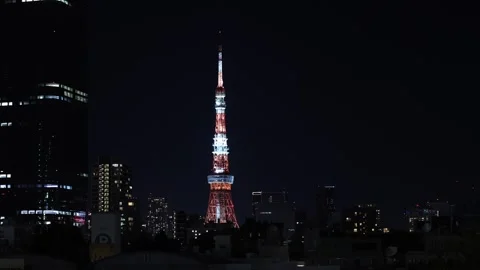 Skyline View of Tokyo Tower at Night Stockbeeldmateriaal 328130067