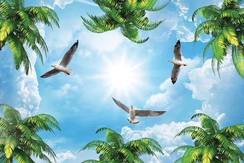 Sky,With,Palm,Trees,And,Seagulls Stock Illustration