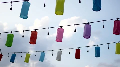Skyscape Graced with a String of Rainbow-Hued Lanterns Stock Footage 264347817