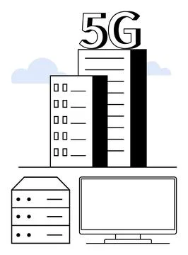 Skyscraper with 5G text, adjacent building, data server rack, and computer mo Ilustración de archivo