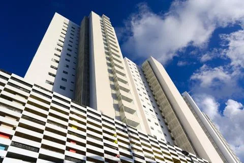 Skyscraper against the sky. Bottom view. Cancun. Stock Photos