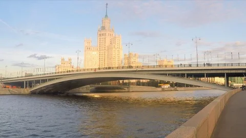 Skyscraper and bridge over the river on summer day Stockbeeldmateriaal 82369440