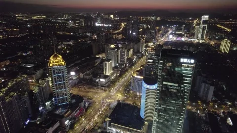 Skyscraper and city sunset 4K drone footage Stock Footage 196450080