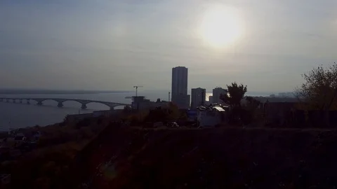 Skyscraper on the banks of the river Stock Footage 97858767