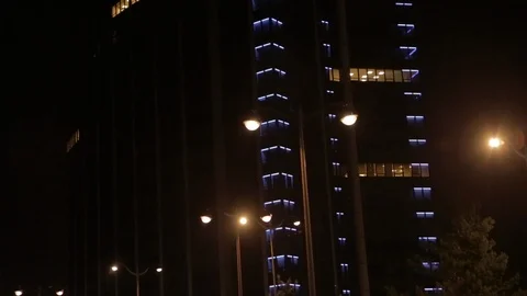 Skyscraper with blue lights at night in Paris. Close Up, Tilt Up. Stock Footage 110915946