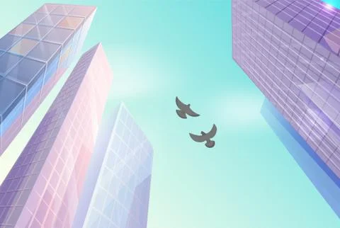 Skyscraper building in city space in flat style concept bottom view and birds Ilustración de archivo