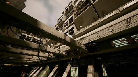 A skyscraper with cables hanging from its sides against a concrete roof Illustrazione stock