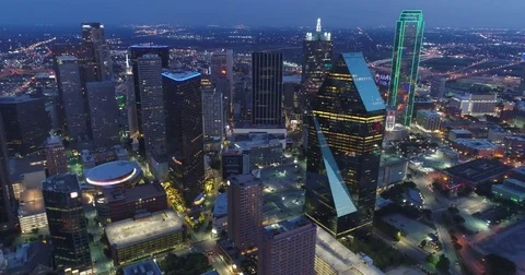 Skyscraper Cluster and Arena Lights in Downtown Dallas Stock-Footage 79874019