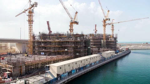 Skyscraper construction in Arabian Gulf, Dubai timelapse Stock Footage 124038811