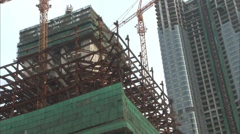 Skyscraper construction with cranes, China Stock Footage 56603579