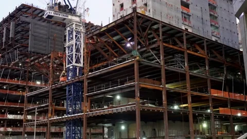 Skyscraper construction in NYC. New Building in Hudson Yards. Welding sparks 스톡 동영상 147975342