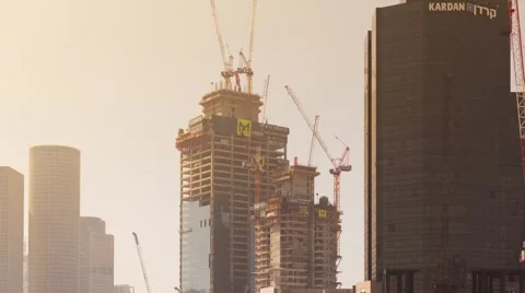 Skyscraper Construction Sites In Tel Aviv at Day,  Timelapse in motion Видео 60238641