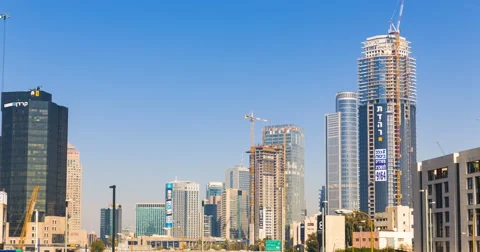 Skyscraper Construction Sites In Tel aviv And Ramat Gan, Hyperlapse - Tilt Down Видео 61306056