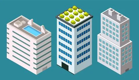 Skyscraper different building set with green plants on the roof flat style Ilustración de archivo