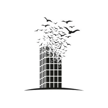 Skyscraper with the effect of destruction. Dispersion. Birds Illustrazione stock