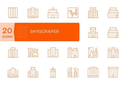 Skyscraper featuring 20 256x256 Vector Icons in Thin Line Design Stock Illustration