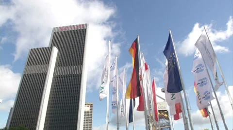 Skyscraper in Frankfurt, with flags during IAA Stock Footage 34301238