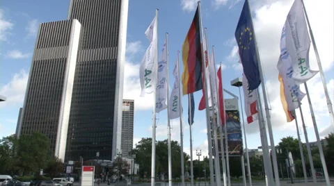 Skyscraper in Frankfurt, with flags during IAA Stock Footage 34301248