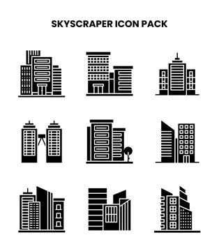 Skyscraper Glyph Vector Icons Pack Stock Illustration