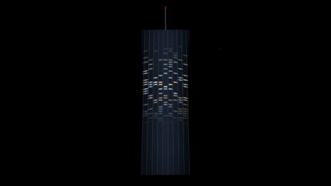 Skyscraper hologram light animation rising against dark space background fo.. Stock Footage 345360657