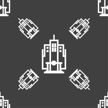 Skyscraper icon sign. Seamless pattern on a gray background. 스톡 일러스트
