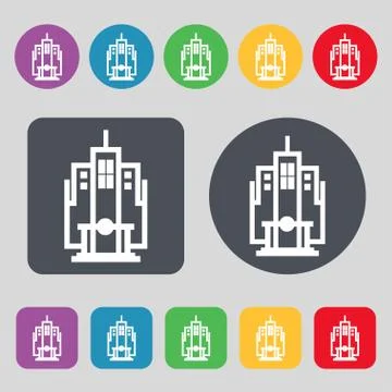 Skyscraper icon sign. A set of 12 colored buttons. Flat design. Vector Illustrazione stock