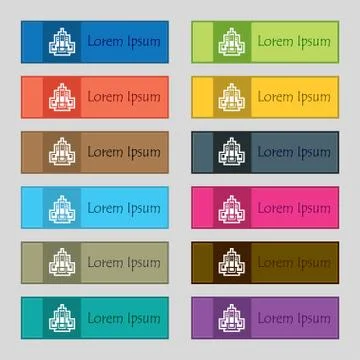 Skyscraper icon sign. Set of twelve rectangular, colorful, beautiful, high-qu 스톡 일러스트