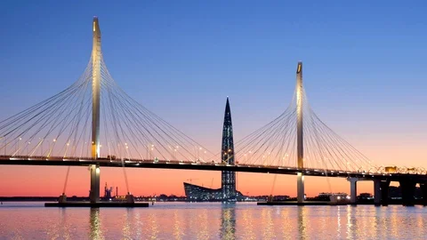 Skyscraper Lahta center and cable-stayed bridge (Western High-Speed Diameter Stock Footage 90651536