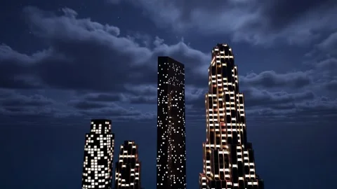 Skyscraper lights in the night. Clouds slowly float over the high-rises of the Stock Footage 255042632