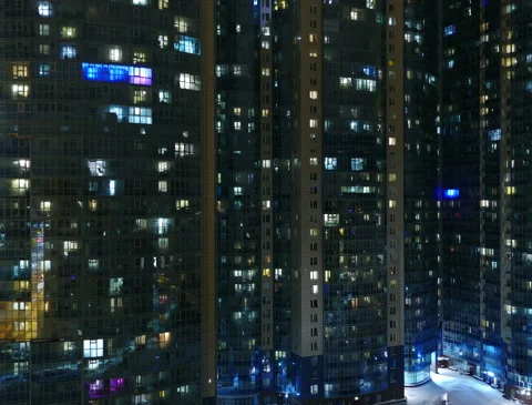 Skyscraper lights up on in windows Stock Footage 149061481