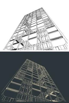 Skyscraper low angle view line art architectural drawing Stock Illustration