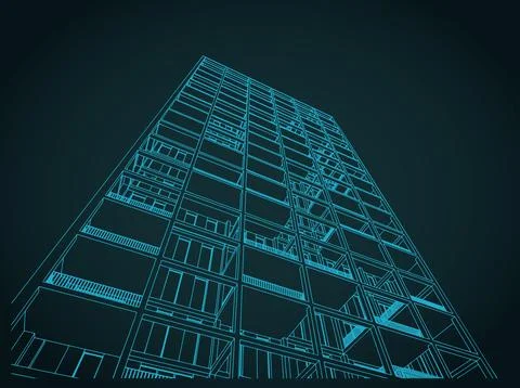 Skyscraper low angle view line art blueprint illustration Stock Illustration