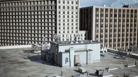 A skyscraper with a multitude of windows and a striking roof design Ilustración de archivo