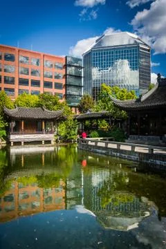 Skyscraper reflecting in a pond at the Lan Su Chinese Garden, in Portland, Or Foto stock