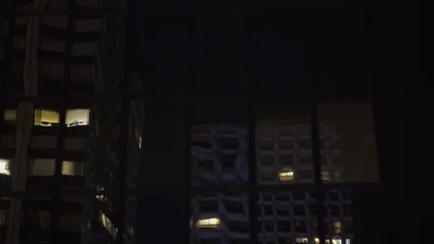 Skyscraper reflection with glass windows at business district in Paris at night, Stock Footage 119368557
