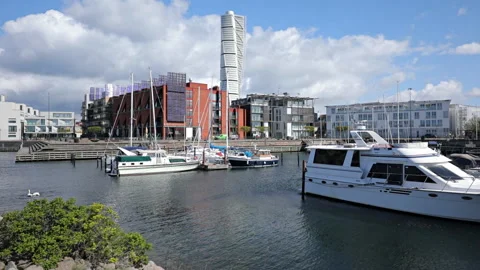 Skyscraper Turning Torso over Malmo, Sweden Stock Footage 109061219