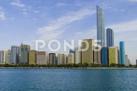 Skyscrapers in the Al Markaziyah district and Corniche viewed from the Gulf, Abu Stock Photos